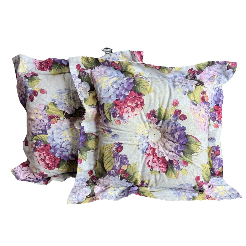 Vtg Retro Cottagecore 18" Handmade Ruffle Edge Hydrangea Purple Throw Pillow